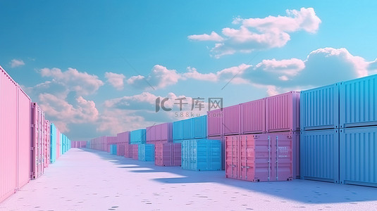 用于海运空运和公路货运的淡蓝色和粉色运输集装箱的 3D 渲染