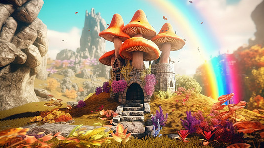 魔法森林中的魔法城堡，带有彩虹蘑菇和石头的 3D 渲染插图