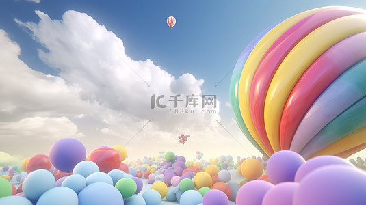 柔和的粉彩气球云和彩虹螺旋在 3d 渲染的蓝天中