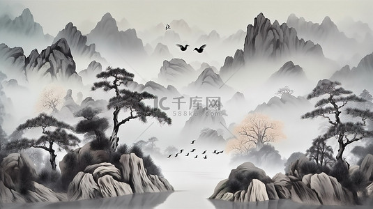 灰色春天背景图片_灰色画布上风景秀丽的 3D 中国风景，配有圣诞树鸟山和白云