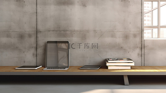 办公场景数字平板电脑和手机在混凝土表面 3d 插图