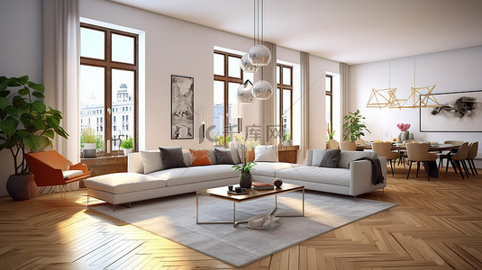 新公寓中宽敞的现代客厅的 3D 渲染，配有宽敞的沙发和用餐区