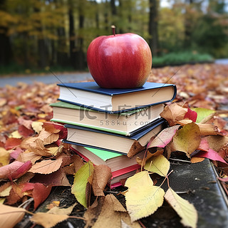 秋天树叶中的书堆上的红苹果照片