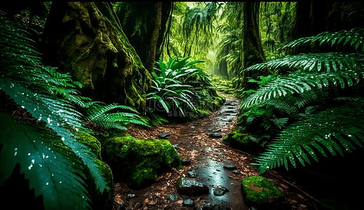 卡通山背景图片_雨中的森林唯美风景树叶自然背景