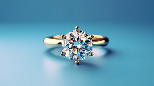 3d 渲染中的蓝色背景隔离金钻石戒指