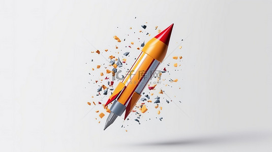 彩色卡通小火箭背景图片_白色背景飞行铅笔火箭横幅的 3D 插图非常适合回到学校