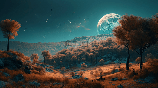 灯笼月亮背景图片_月亮山峰天边红色小树开心