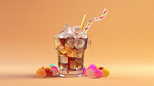 夏季喝果汁背景图片_米色背景 3d 渲染上带有糖果和稻草的冷冻饮料