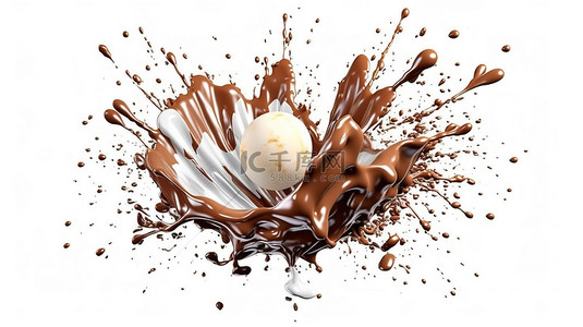 白色背景下牛奶和巧克力以爆炸性方式爆裂的 3D 渲染