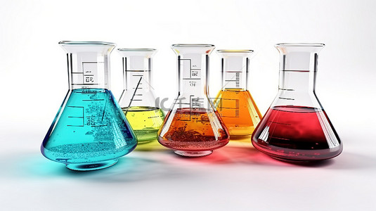 白色背景下实验室玻璃烧瓶中化学液体的 3d 渲染