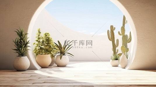 当代露台的 3D 渲染，带有简约风格的拱形墙，装饰着仙人掌和木地板上的白色石头地面