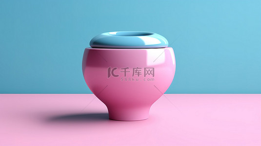 3D 渲染的粉红色背景上的当代双色调蓝色陶瓷马桶