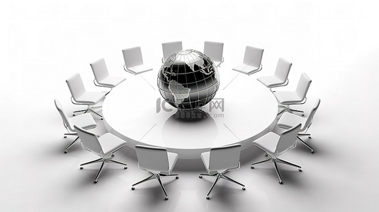 全球商务会议地球仪和椅子在 3D 渲染的白色背景上排列成圆圈