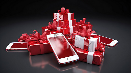 打开礼盒红色背景图片_智能手机展示了诱人的红色和白色礼品 3D 设计