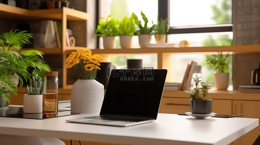 空白屏幕笔记本电脑 3D 渲染放置在客厅设置的工作台上
