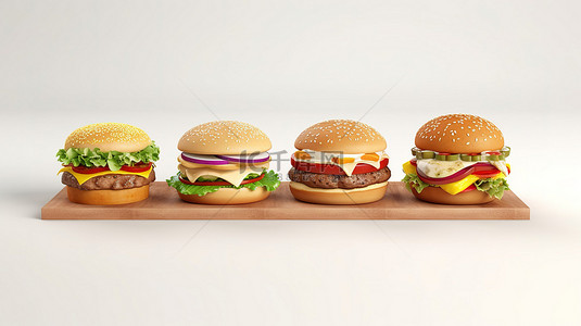 3D 渲染汉堡设置在明亮的背景数字插图上