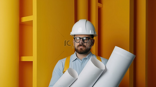 一位建筑师戴着白色头盔，拿着管子和文件，并使用 3D 眼镜研究模型的高质量照片