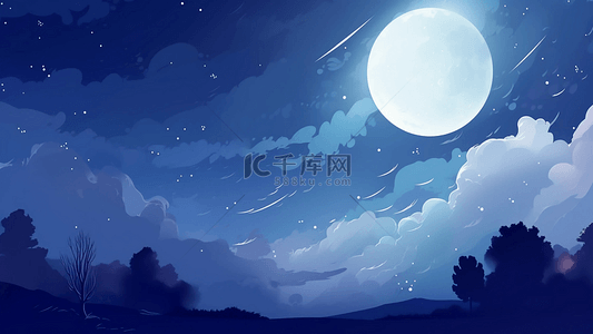 蓝色月亮背景图片_月亮蓝色月亮树插画背景