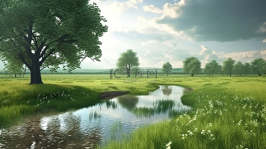 夏季雨天河流郁郁葱葱的绿色田野和树木的 3D 插图