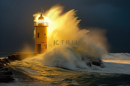 灯塔背景图片_风雨交加的夜晚，巨浪冲过灯塔