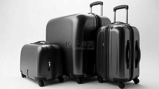 白色背景在 3D 渲染中显示三个硬箱行李箱