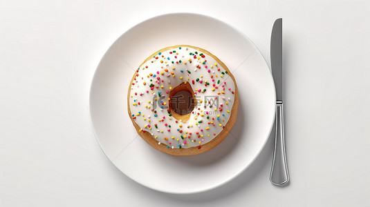 3D 渲染白巧克力釉面甜甜圈，上面撒有彩色糖粉，放在盘子上，框架中有刀叉