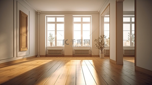 现代室内设计最小的木质层压板房间，3D 白墙上有窗影