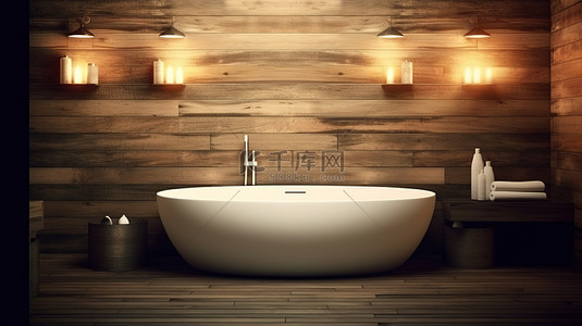 模糊的浴室背景，带有 3D 木板和前景插图