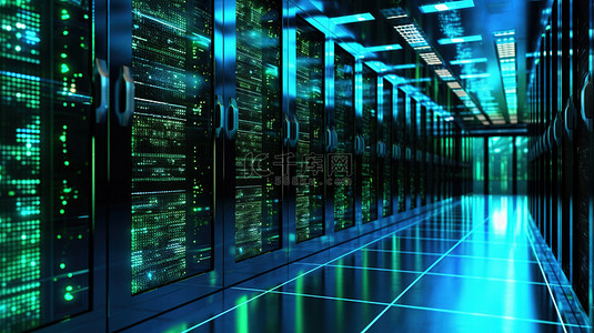 ISP 或数据中心服务器机房内封闭在光滑玻璃面板后面的数据和网络服务器的 3D 渲染视图