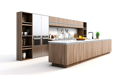 厨柜标志背景图片_现代木制厨柜在 3D 渲染中以干净的白色背景展示