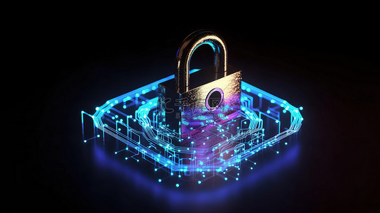 安全背景图片_带安全锁的数字全息图的 3D 渲染，象征一般数据保护监管概念