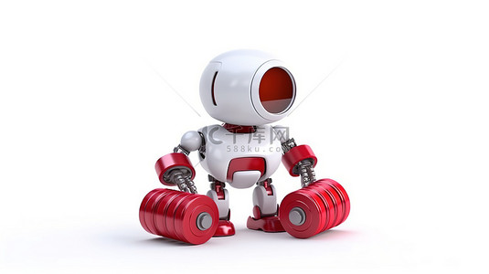 可爱的男孩背景图片_可爱的机器人健身教练，具有 3D 渲染，手持白色背景的红色哑铃，采用自动化技术