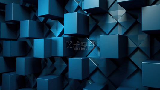 3d 蓝色金属墙条纹单色背景上的一组方形图案