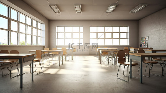 学生高中背景图片_空荡荡的高中教室内家具的 3D 渲染