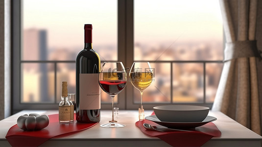 浪漫的两人餐桌，红酒的精美用餐体验令人惊叹的 3D 渲染