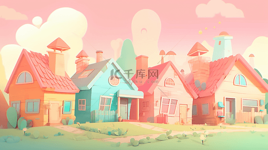 草地粉色小屋可爱的房子卡通房子背景