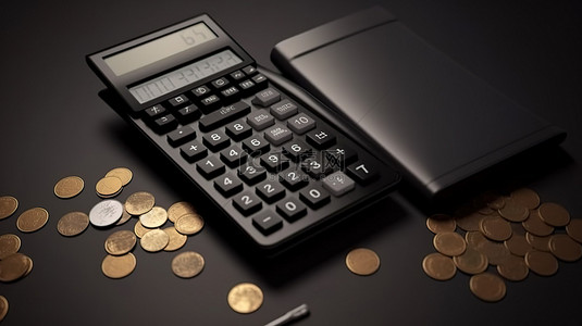 钱包背景图片_以计算器硬币和钱包为特色的收入会计概念的 3D 渲染
