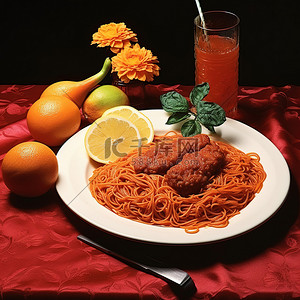 一张橙色的桌子，上面有意大利面条和鸡肉