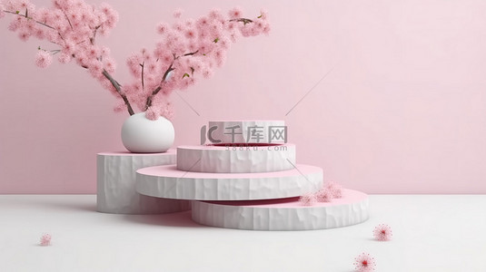 产品展示粉色几何讲台，3D 渲染中白色背景樱花