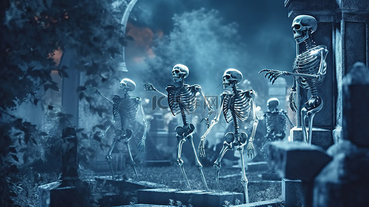 横冲直撞的骷髅在墓地万圣节主题的夜间袭击 3D 插图