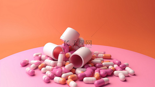 粉红色背景，带有药片和胶囊，以 3d 形式说明具有充足复制空间的医疗保健概念