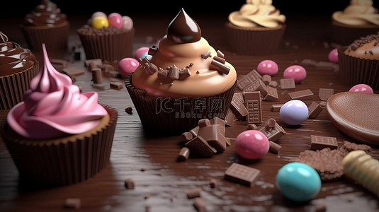 美味的巧克力冰淇淋，周围环绕着 3D 渲染的纸杯蛋糕马卡龙和糖果
