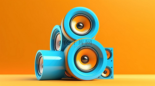 橙色背景与蓝色音乐扬声器的简约 3D 渲染