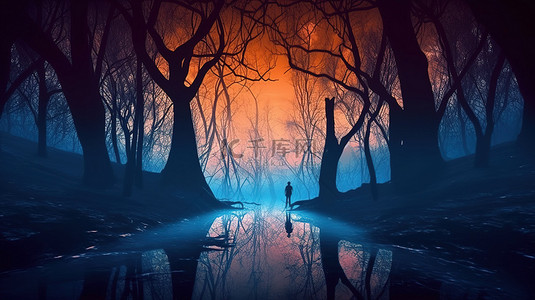 童话森林背景图片_穿过童话森林的怪异轮廓的迷雾小路 3D 数字插图