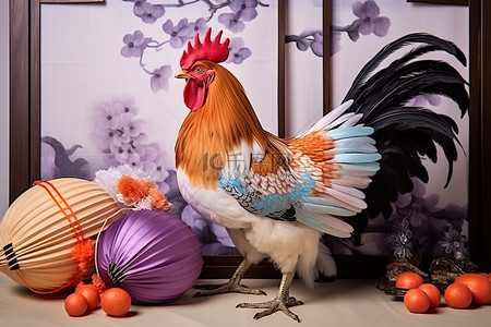 竹包装背景图片_一只斜视的公鸡几个彩色的鸡蛋和一把大吊扇