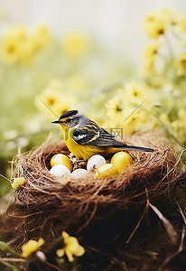 春天背景图片_坐在巢上的黄色和黑色的小鸟