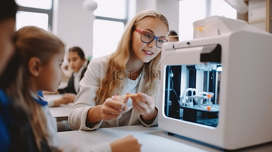 现代学校工程和机器人课上女教师从正面展示 3D 打印机