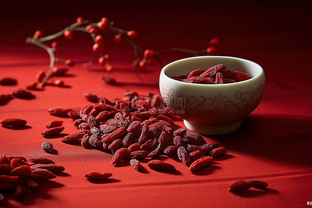 银耳枸杞汤背景图片_从红色桌布上的红色水果中分离出的枸杞
