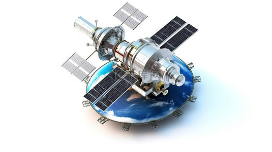 白色背景的 3D 渲染描绘了发射广播射线的现代全球导航卫星