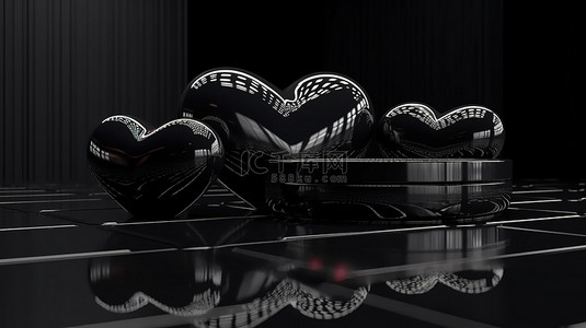 黑色背景与 3D 渲染情人节心在三个维度